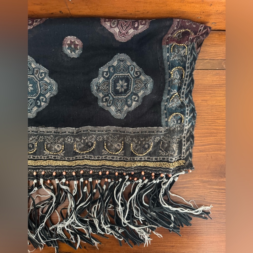 Free People Black and Gray Leather Fringe Scarf
